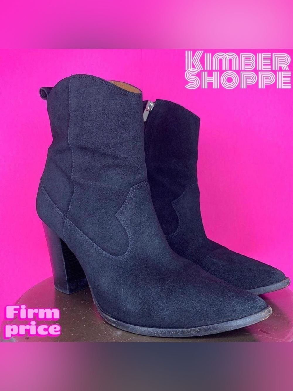 & Other Stories Black Suede Western Block Heel Pointed Toe Ankle Boots US 9.5